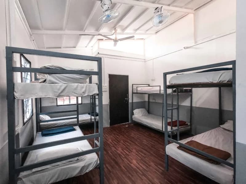 Bright dormitory with bunk beds and wooden flooring at Trippr Gokarna